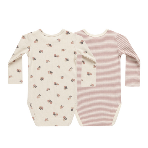 Quincy Mae - Ribbed Bodysuit, 2 Pack | Wildflowers + Mauve Stripe